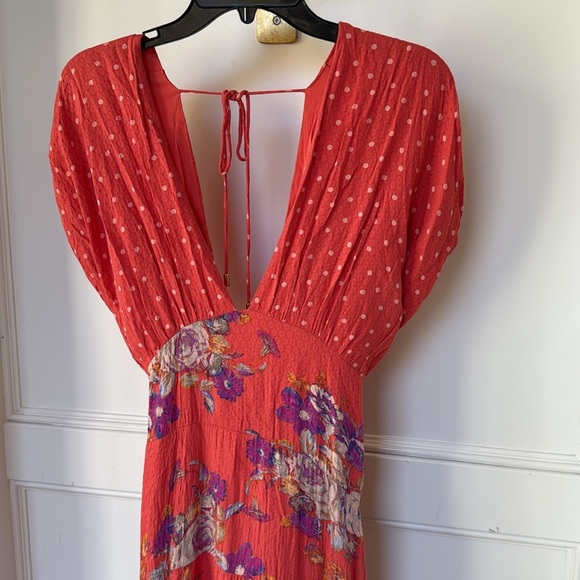Free People Juniper V Neck Maxi Dress Floral Polka Dot Empire Waist X-LARGE - Picture 6 of 14